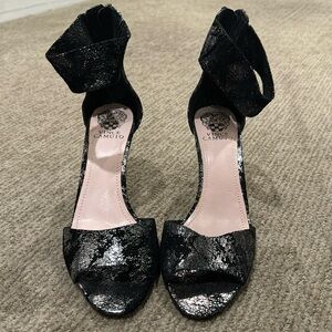 Brand new black and silver chrome Single strap sandal with zipper back closure